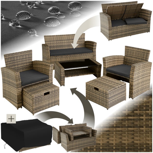 Rattan Sitzgruppe tectake Modena inklusive Staufach und Schutzhülle für 4 bis 6 Personen natur