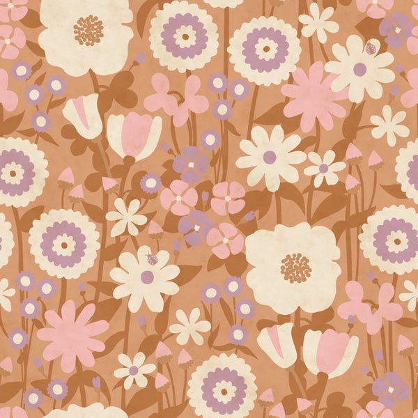 Tapete mit Retro-Blumenmuster im Stil der siebziger Jahre mit verschiedenen Blütenformen und Blättern.