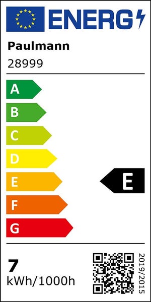 EU-Energielabel für Paulmann 28999, Energieeffizienzklasse E, Energieverbrauch 7 Kilowattstunden pro 1000 Stunden.