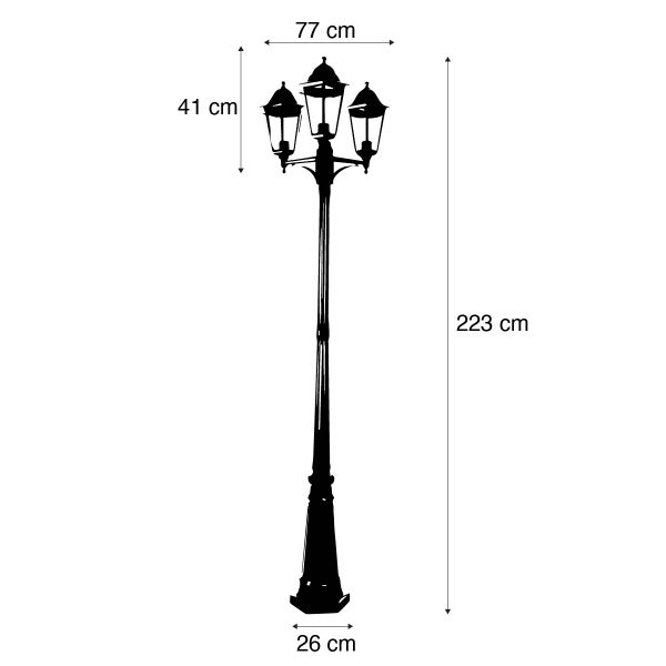 Klassische dreiflammige Außenleuchte: Höhe 223 Zentimeter, Breite 77 Zentimeter, Laternenhöhe 41 Zentimeter, Sockelbreite 26 Zentimeter.