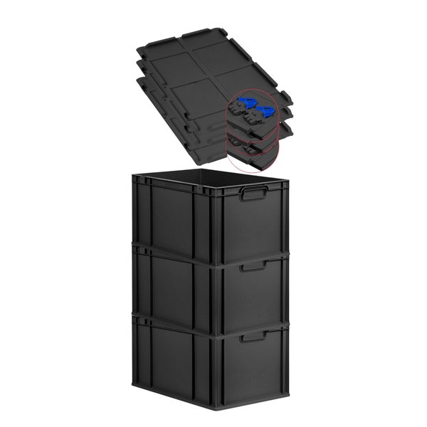 PROREGAL SuperSparSet 3x Eurobox NextGen Grip mit Scharnierdeckel und blauen Schiebeschnappverschlüssen, HxBxT 32x40x60cm, 65 Liter, Schwarz, Griffe geschlossen, Verstärkter Boden, Eurobehälter, Transportbox, Transportbehälter, Stapelbehälter