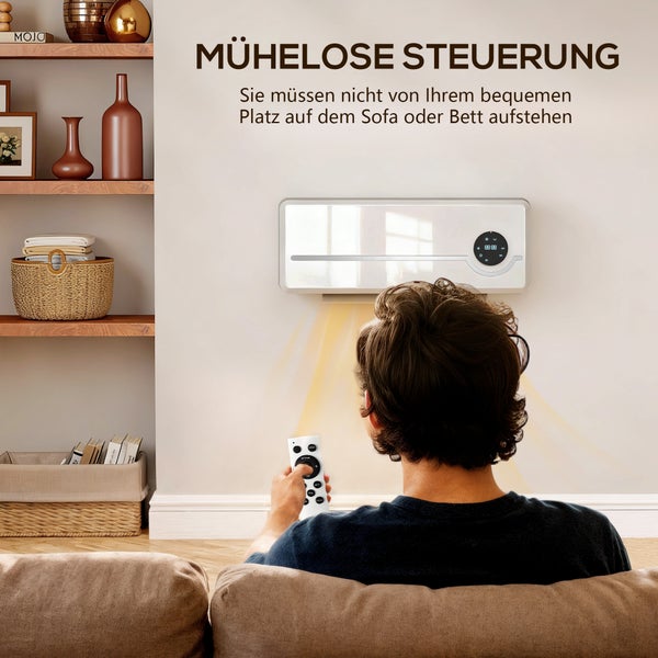 Mann bedient Klimaanlage mit Fernbedienung im Wohnzimmer