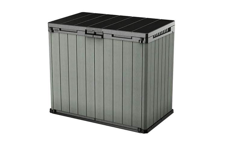 Graue Gartenbox aus Kunststoff in Holzoptik mit schwarzem Deckel und Doppeltüren.