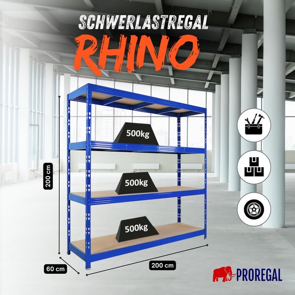 Proregal Schwerlastregal Rhino mit vier Ebenen, 200 Zentimeter hoch, 200 Zentimeter breit, 60 Zentimeter tief, 500 Kilogramm Traglast pro Fach.