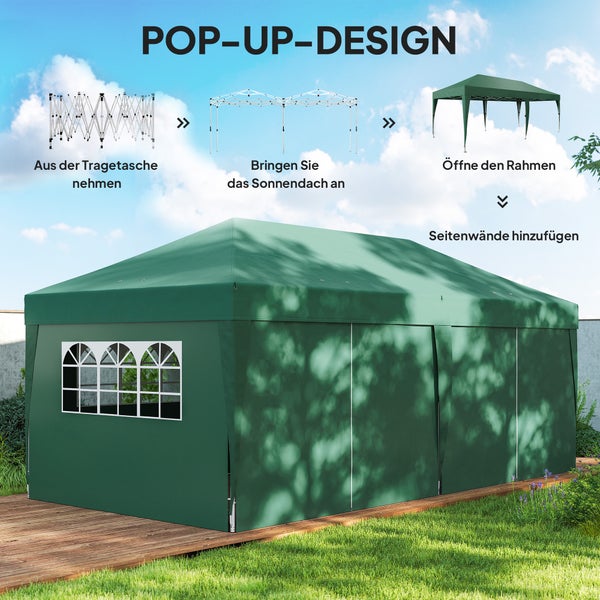 Grafik zum Aufbau eines grünen Pop-Up-Partyzeltes mit Seitenwänden und Fenstern in vier Schritten im Garten.