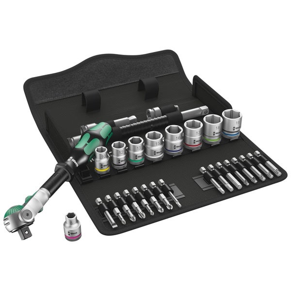 Wera Zyklop Mini 1 Ratsche mit Steckschlüsselsatz und Bits in geöffneter Werkzeugtasche