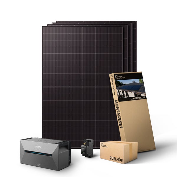 Balkonkraftwerk Set mit Solarmodulen, Anker Solix Solarbank, Smart Meter, Montageset für Ziegeldächer und Zubehör.