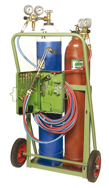 Mobiles Autogenschweißgerät und Schneidgerät auf Wagen mit Gasflaschen, Druckminderern, Schläuchen und Schweißbrenner.