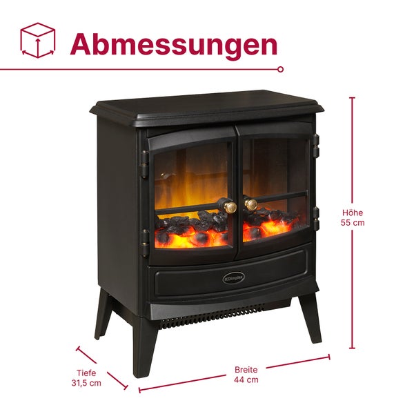 Elektrischer Kaminofen Dimplex in Schwarz mit den Maßen Höhe 55 Zentimeter, Breite 44 Zentimeter und Tiefe 31,5 Zentimeter.