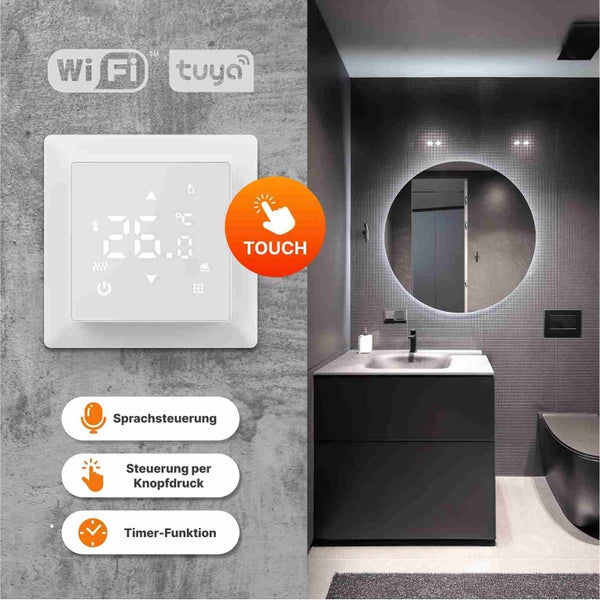 Intelligenter Raumthermostat zur Steuerung der Raumtemperatur in einem modernen Badezimmer.