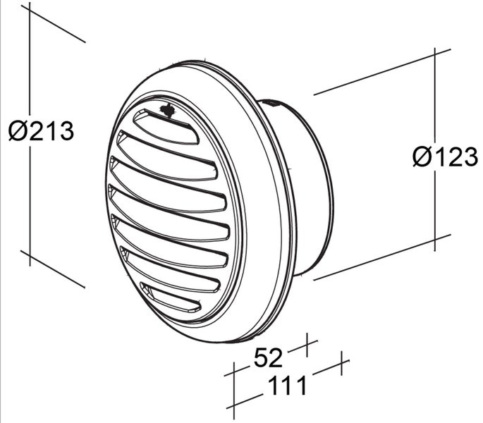 Technische Zeichnung eines runden Lüftungsgitters mit einem Außendurchmesser von 213 Millimeter und einem Rohrdurchmesser von 123 Millimeter.