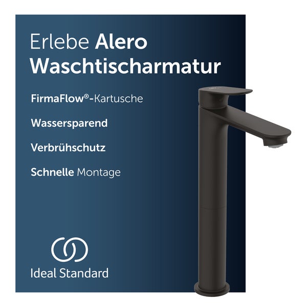 Ideal Standard Logo und Ideal Standard Alero Waschtischarmatur mit wassersparender Funktion, Verbrühschutz und schneller Montage.