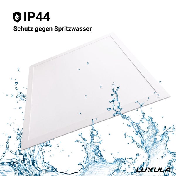 Quadratisches LED Panel mit Schutzklasse IP44 Spritzwasserschutz und Luxula Logo