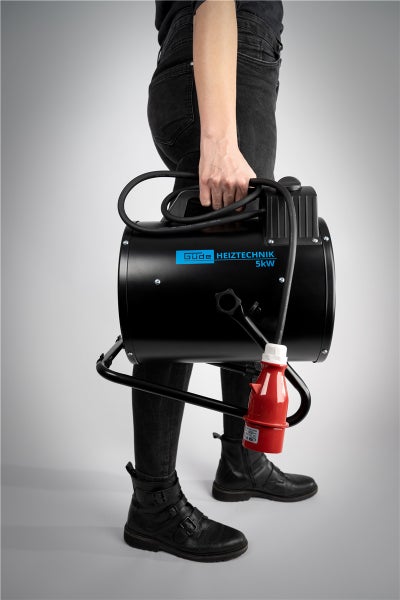 Güde Elektroheizer 5 Kilowatt mit Tragegriff, stufenlosem Thermostat, zwei Heizstufen, Ventilatorfunktion und verstellbarem Neigungswinkel.