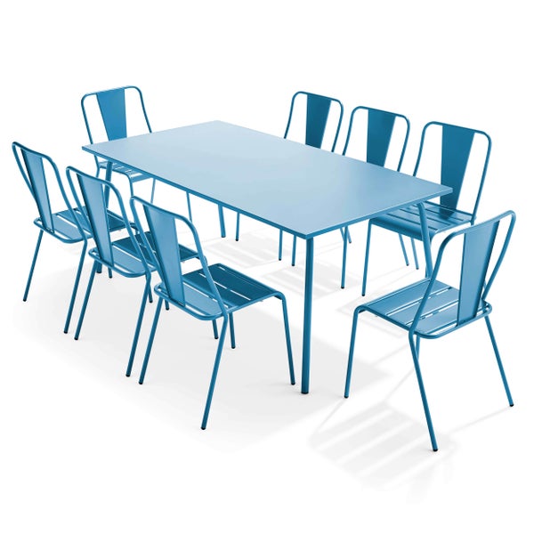 Blaues neunteiliges Gartenmöbel-Set aus Metall mit einem rechteckigen Tisch und acht Stühlen im Bistro-Stil