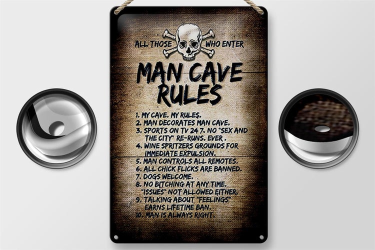 Blechschild Spruch 20x30cm man cave rules Totenkopf