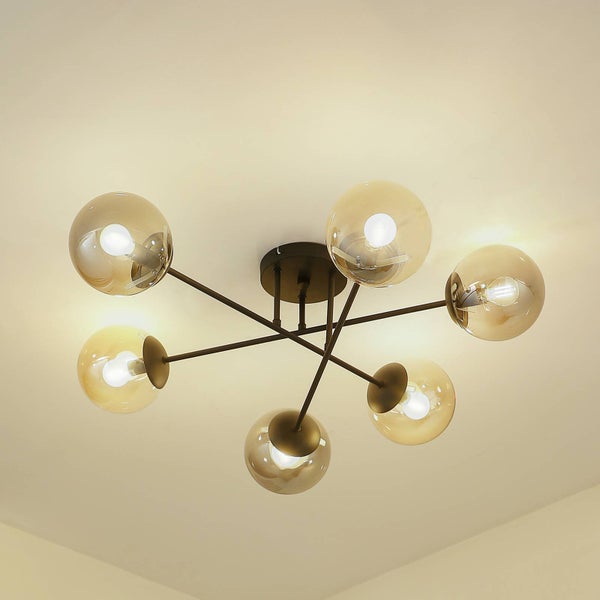 Deckenleuchte mit sechs Glasschirmen und Leuchtmitteln