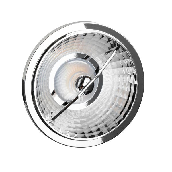 Runder Strahler aus verchromtem Metall mit facettiertem Reflektor und Schutzbügel.