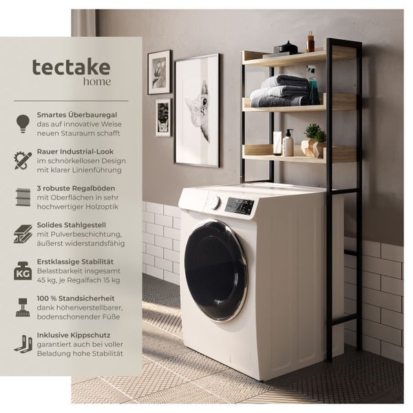 Tectake Home Waschmaschinenregal im Industrial Design mit drei Ablagefächern in Holzoptik und pulverbeschichtetem Stahlrahmen.
