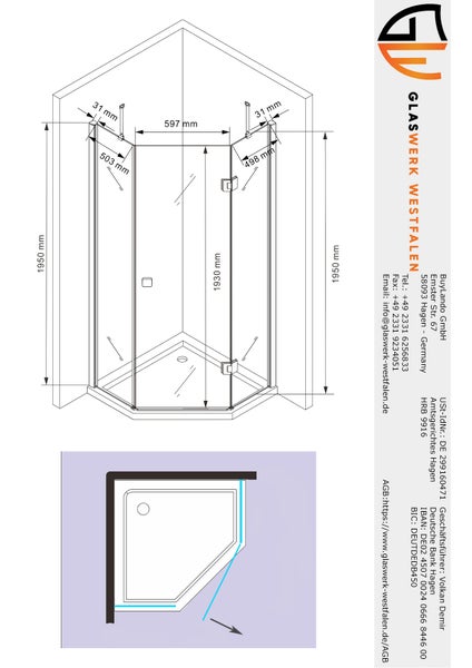 Technische Zeichnung einer Duschkabine mit Maßangaben