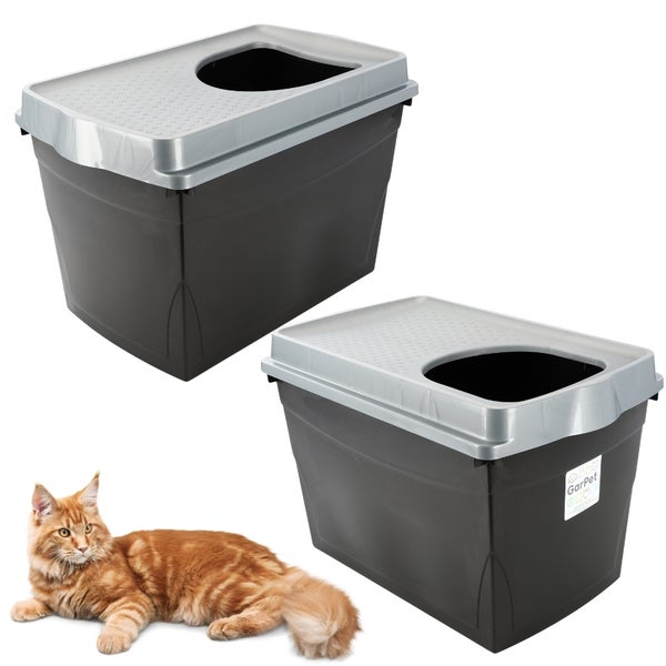 Zwei Katzentoiletten mit Deckel und eine Katze liegen auf dem Boden.