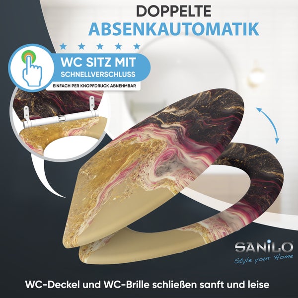 Sanilo WC Sitz mit Absenkautomatik und Schnellverschluss in Marmoroptik mit Gold und Rottönen