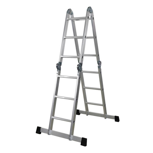 Gelenk-Mehrzweckleiter aus Aluminium in A-Form mit Quertraversen.