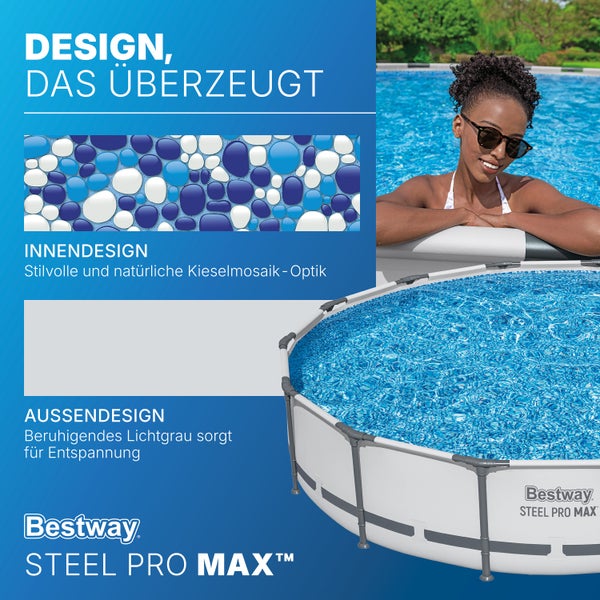 Runder Aufstellpool Bestway Steel Pro MAX mit hellgrauer Außenwand, Kieselstein-Mosaik-Innenverkleidung und Bestway Logo.