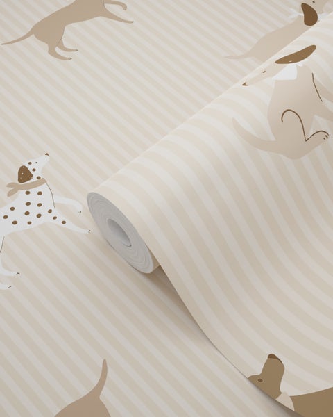 Tapetenrolle mit einem Muster aus verschiedenen Hunden und vertikalen Streifen.