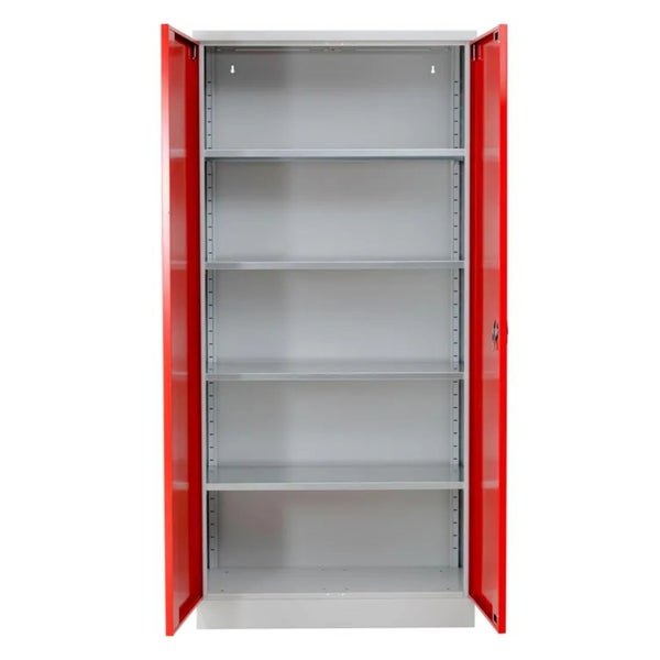 PROREGAL Stahlschrank Bee 4 Fachböden HxBxT 195 x 92 x 60 cm Pulverbeschichtetes & Verstärktes Fachbodenmaterial Grau & Rot