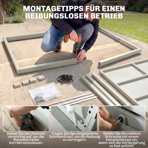 Gartentisch-Set bestehend aus einem rechteckigen Tisch in Holzoptik und sechs Armlehnenstühlen auf einem Außenteppich in einem hellen Garten.