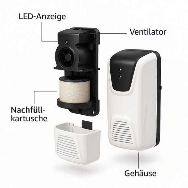 Zerlegter elektronischer Duftspender mit LED-Anzeige, Ventilator, Nachfüllkartusche und Gehäuse