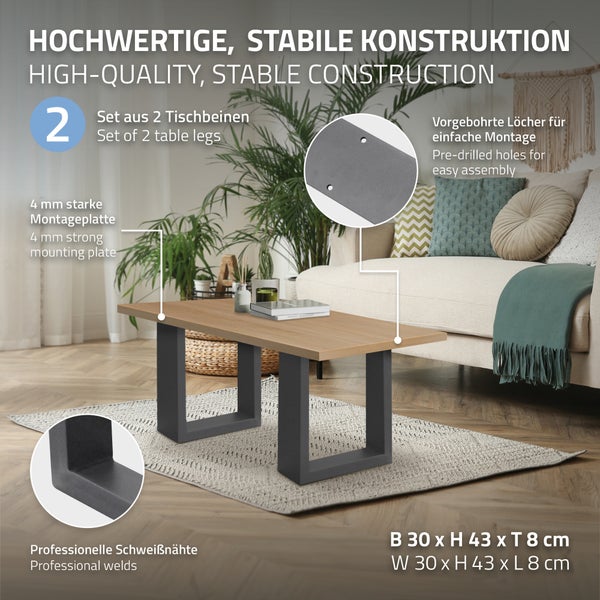 ECD Germany 2x Tischbeine 30x43 cm, Anthrazit, pulverbeschichteter Stahl, Industriedesign, Vierkantprofilen, Metall Tischkufen Tischuntergestell Tischgestell Möbelfüße Bankkufen Bankgestell Bankbeine