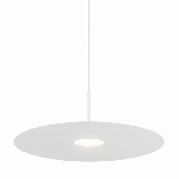 Moderne flache LED Pendelleuchte mit rundem Leuchtenschirm und zentralem Lichtaustritt an einem Kabel abgehangen