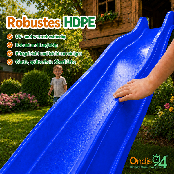 Blaue Gartenrutsche aus Polyethylen hoher Dichte, wetterfest mit glatter Oberfläche, im Hintergrund Kind und Spielhaus im Garten, Ondis 24 Logo.