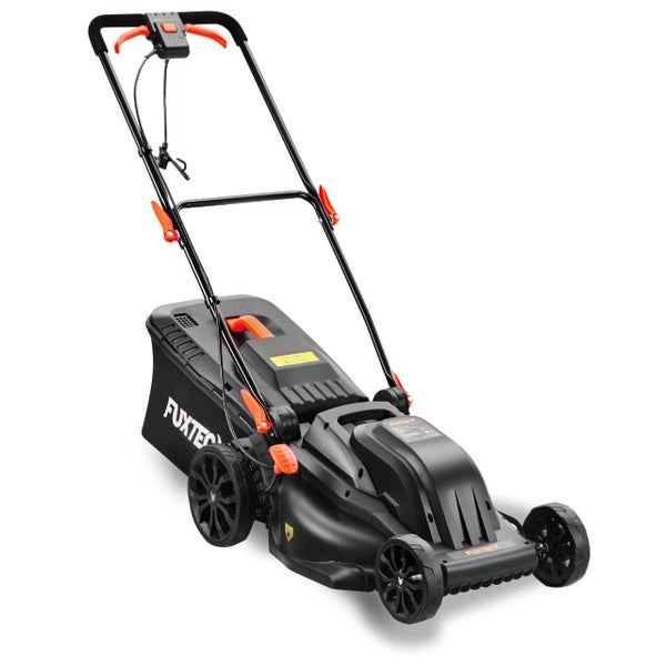 Fuxtec Elektro-Rasenmäher mit Fangkorb und verstellbarem Holm.