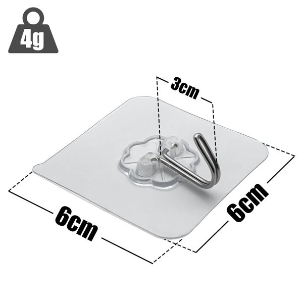 Selbstklebende Wandhaken mit den Maßen 6 cm x 6 cm und einer Hakenlänge von 3 cm, Tragkraft bis zu 4g