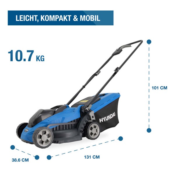 Hyundai Elektro-Rasenmäher, leicht, kompakt und mobil, Gewicht 10,7 Kilogramm, Maße 131 Zentimeter mal 38,6 Zentimeter mal 101 Zentimeter.