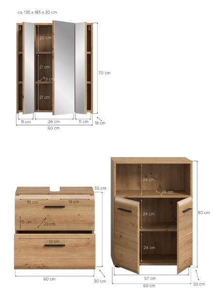 Dreiteiliges Badmöbel Set in Holzoptik mit Maßangaben für Spiegelschrank, Waschbeckenunterschrank und Beistellschrank in Zentimeter.