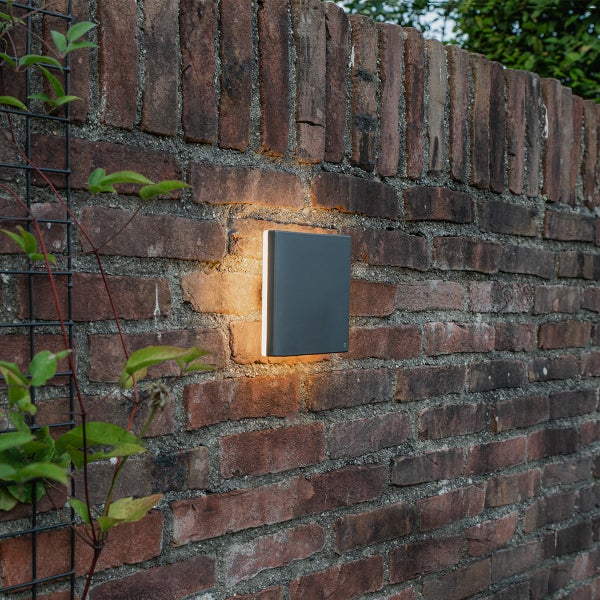 Quadratische LED-Außenwandleuchte in Anthrazit an einer rustikalen Ziegelwand mit Rankgitter und warmweißem, indirektem Licht.
