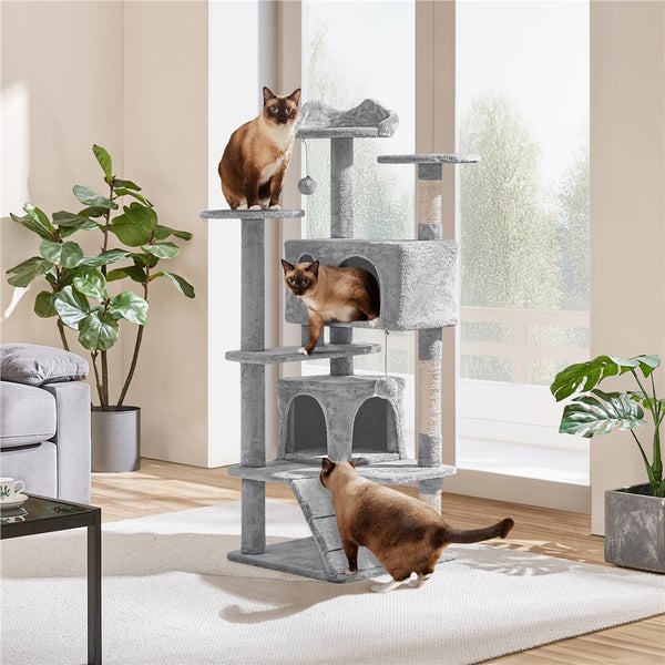 Katzenspielbaum mit Liegeflächen und Katzenhäusern in einem hellen Raum mit Katzen