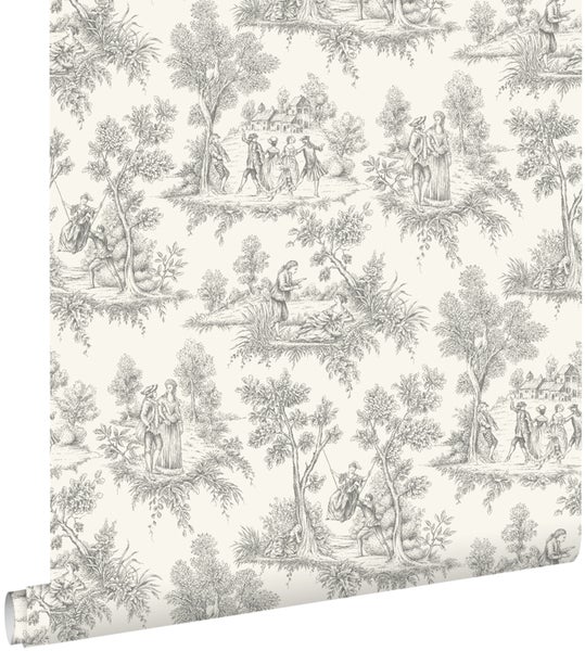 Tapete mit Toile-de-Jouy-Muster, historische ländliche Szenen mit Personen und Bäumen in Grau auf hellem Hintergrund.