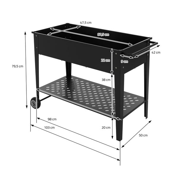 ML-Design 2er Set Metall Hochbeet fahrbar, 98x50x79,5 cm, Schwarz, Mobiler Pflanzkasten mit Ablage, Rädern und Griff, Pflanzbeet für Garten und Balkon, Gartenbeet Gemüsebeet Kräuterbeet Blumenkasten