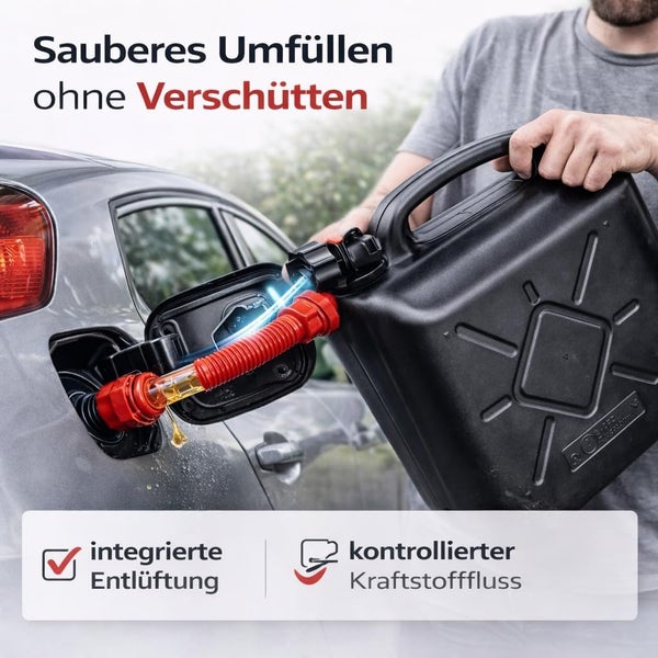 Kraftstoffkanister beim Befüllen eines Autos mit integrierter Entlüftung und kontrolliertem Kraftstofffluss.