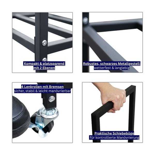 Detailansichten eines schwarzen Metallgestells mit zwei Ablageflächen, Rollen mit Bremsen und Schiebebügel.