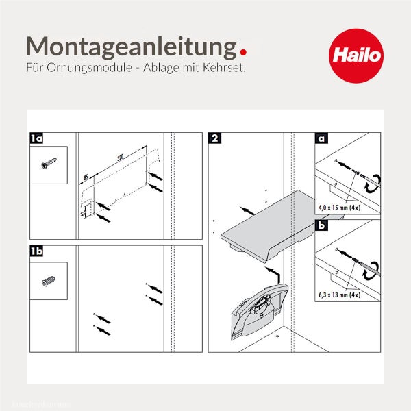 Montageanleitung für Hailo Ordnungsmodule, Ablage mit Kehrset, mit technischen Zeichnungen zur Befestigung von Schrauben. Hailo Logo.