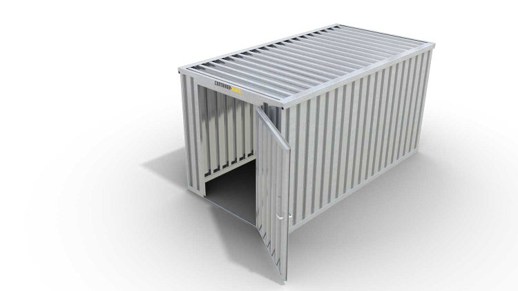 Lagercontainer Gerätehaus L  – 8 qm, H2115 x B4050 x T2170 mm, verzinkt, ohne Fußboden, 1270 mm Einflügeltür mittig in Stirnseite, zerlegt