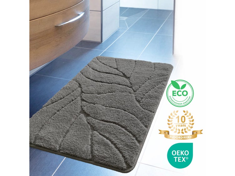 FLOORDIREKT Badematte Maris - Flauschiger Badvorleger mit Blattstruktur - Dunkelgrau - 40 x 60 cm