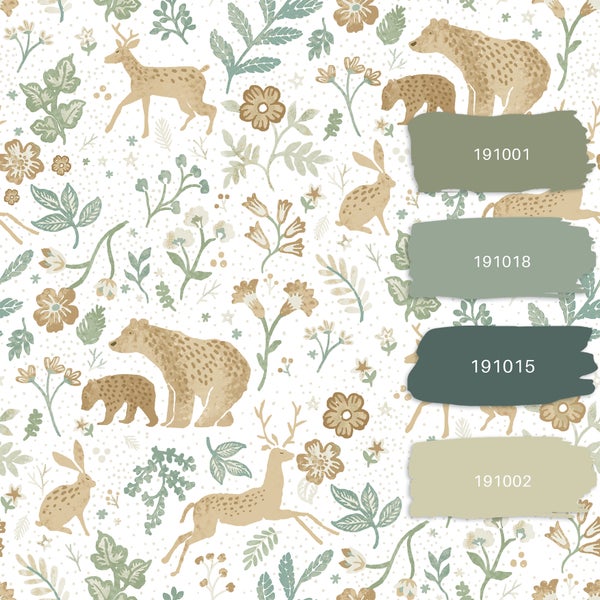 Tapetenmuster mit Bären, Hasen, Rehen, Blumen und Blättern sowie Farbfeldern