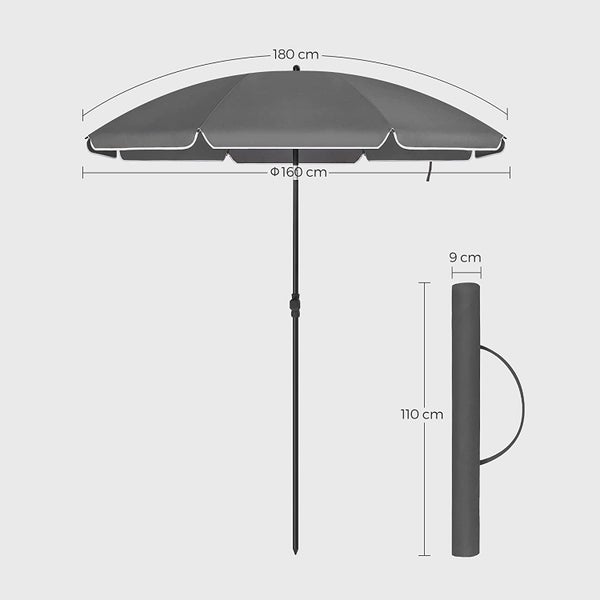RESCH Sonnenschirm für Strand Grau, Ø 200 cm, Gartenschirm, UV-Schutz bis UPF 50+, knickbar, Sonnenschutz Balkon, tragbar, Schirmrippen aus Glasfaser